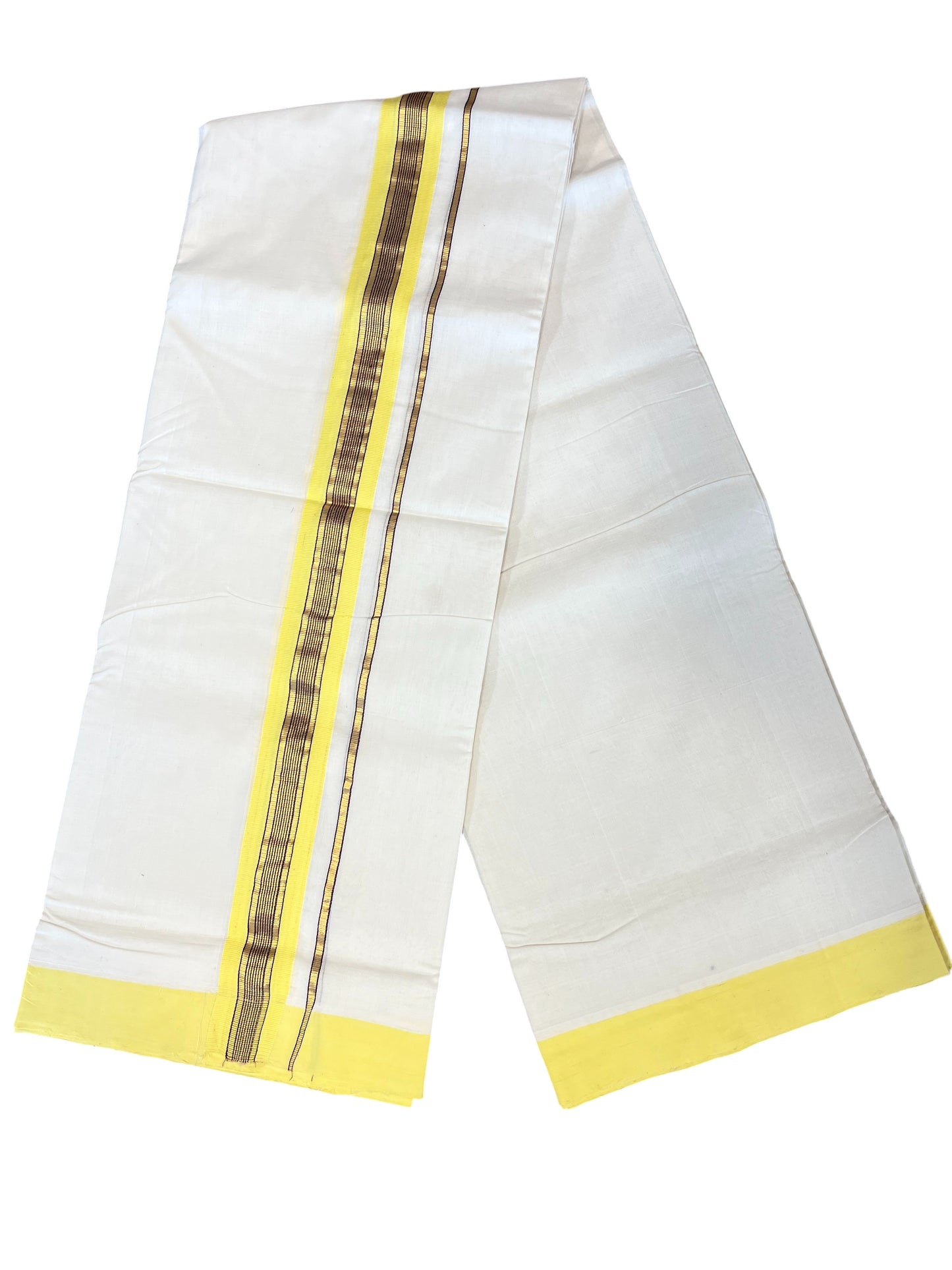 Southloom Premium Handloom Cotton Double Mundu with Yellow And Brown Line Kasav Border