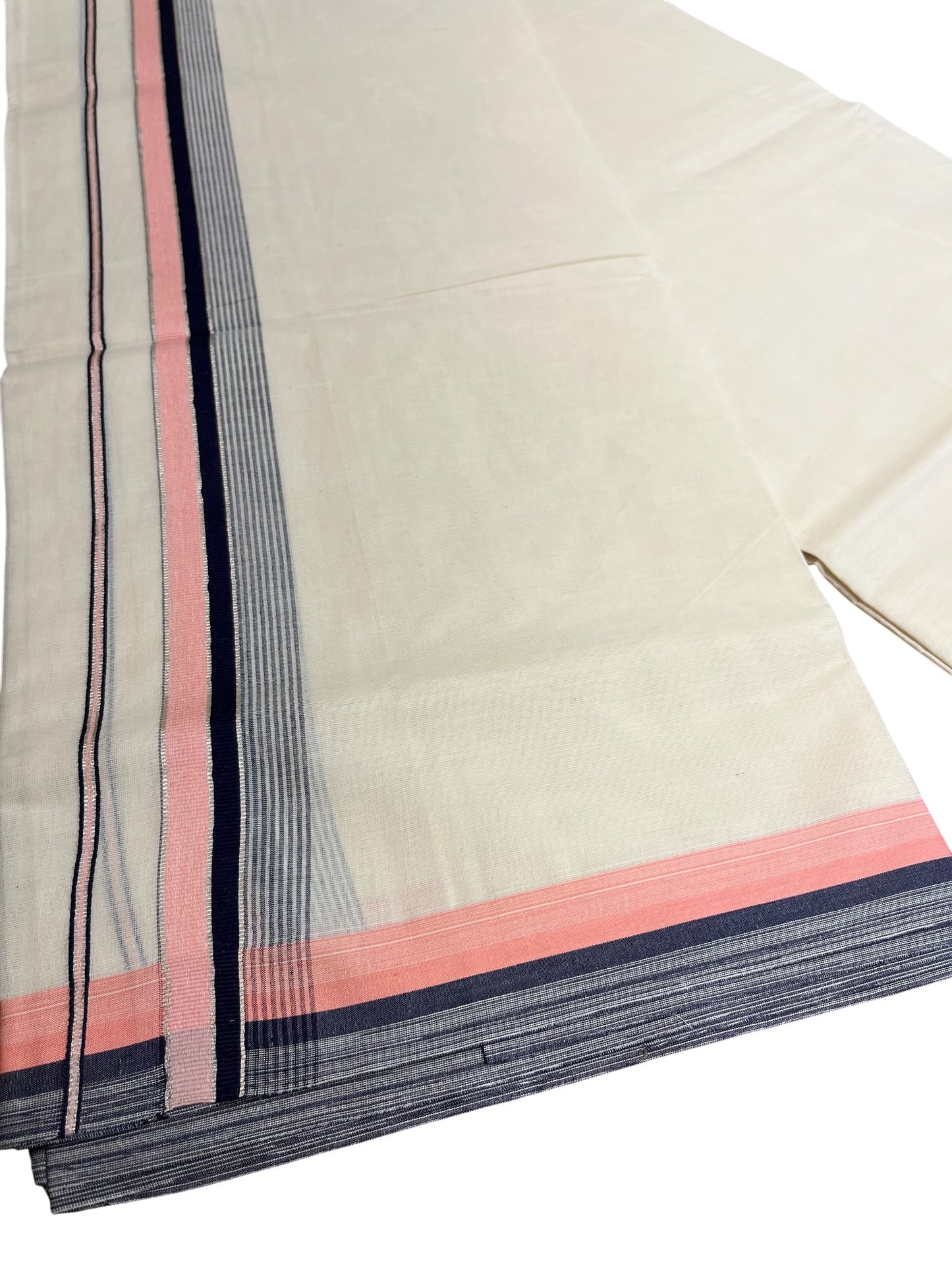 Southloom Kerala Pure Cotton Double Mundu with Peach & Blue Border (South Indian Dhoti)