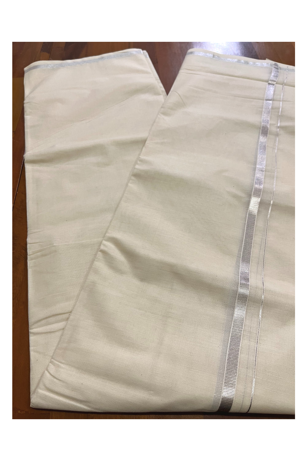 Off White Kerala Cotton Double Mundu with 0.5 inch Silver Kasavu Border (South Indian Kerala Dhoti)