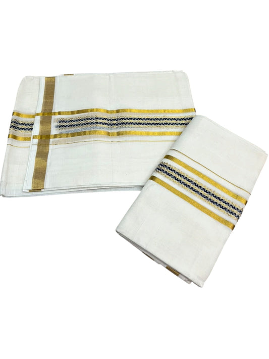 Southloom Premium Cotton Handloom Set Mundu With Blue Woven Dots Design And Golde Kasavu Border (2.80 Mtr) SL632
