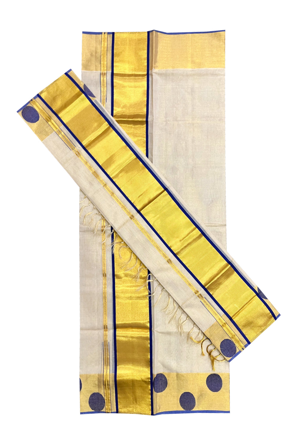 Southloom Handloom Premium Tissue Kasavu Set Mundu With Blue Polka Woven Patterns (Mundum Neriyathum) 2.70 Mtrs