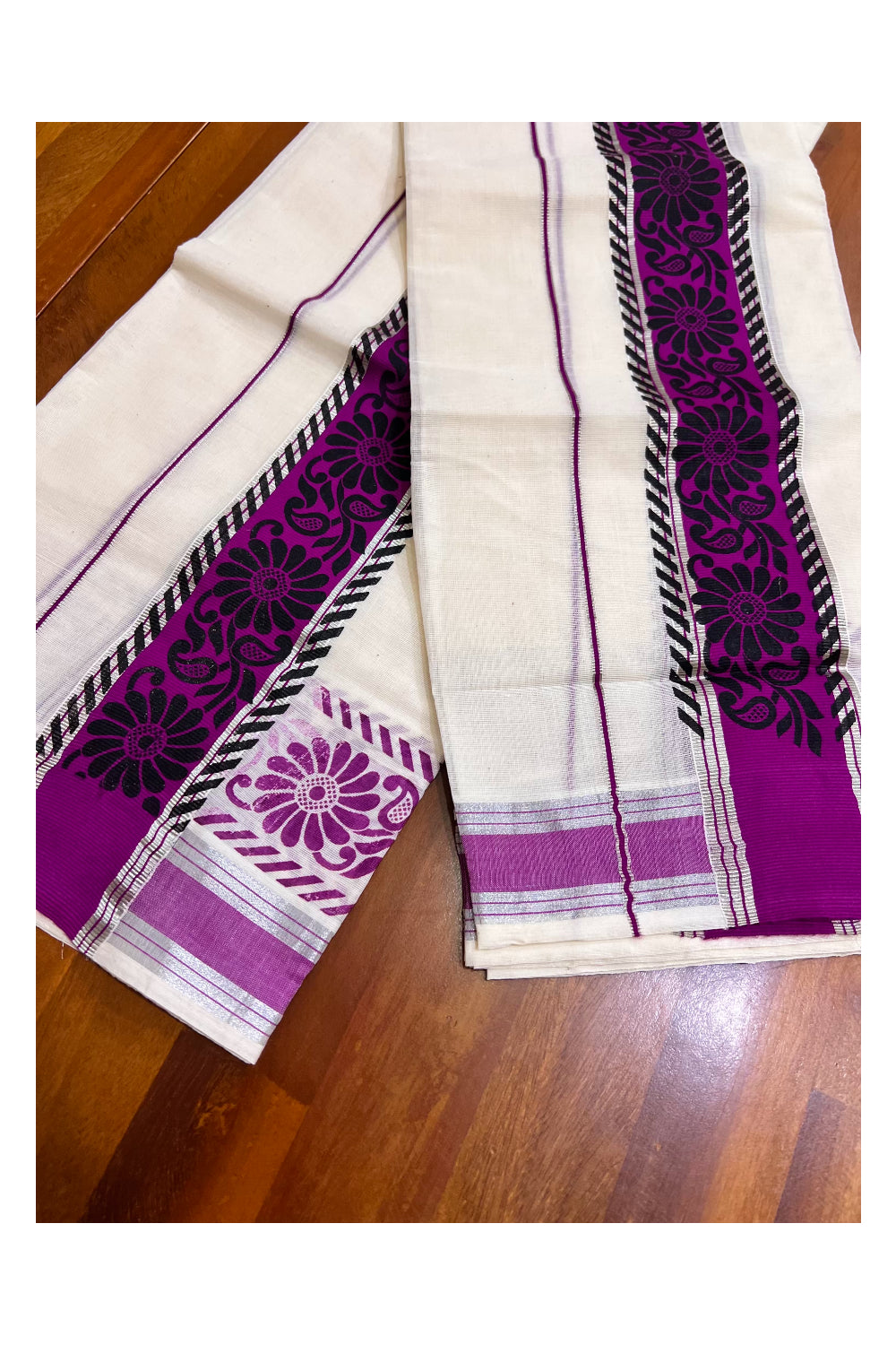 Kerala Pure Cotton Set Mundu Single (Mundum Neriyathum) with Black Block Prints on Magenta Border and Silver Kasavu - 2.80Mtrs