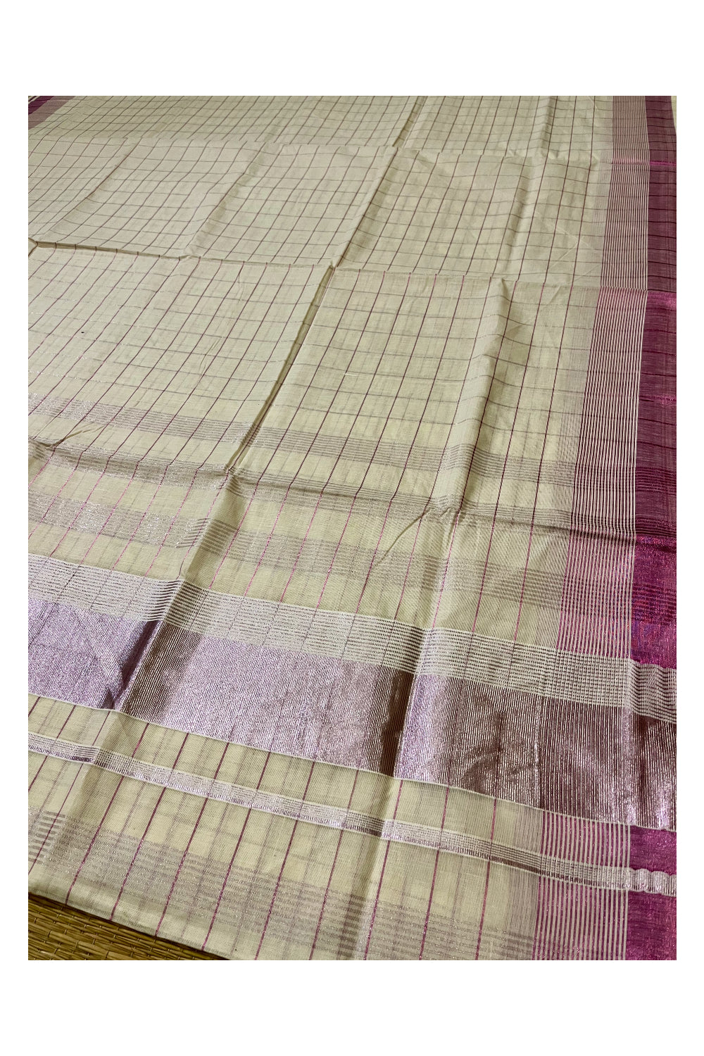 Pure Cotton Kerala Rose Copper Kasavu Checks Design Saree
