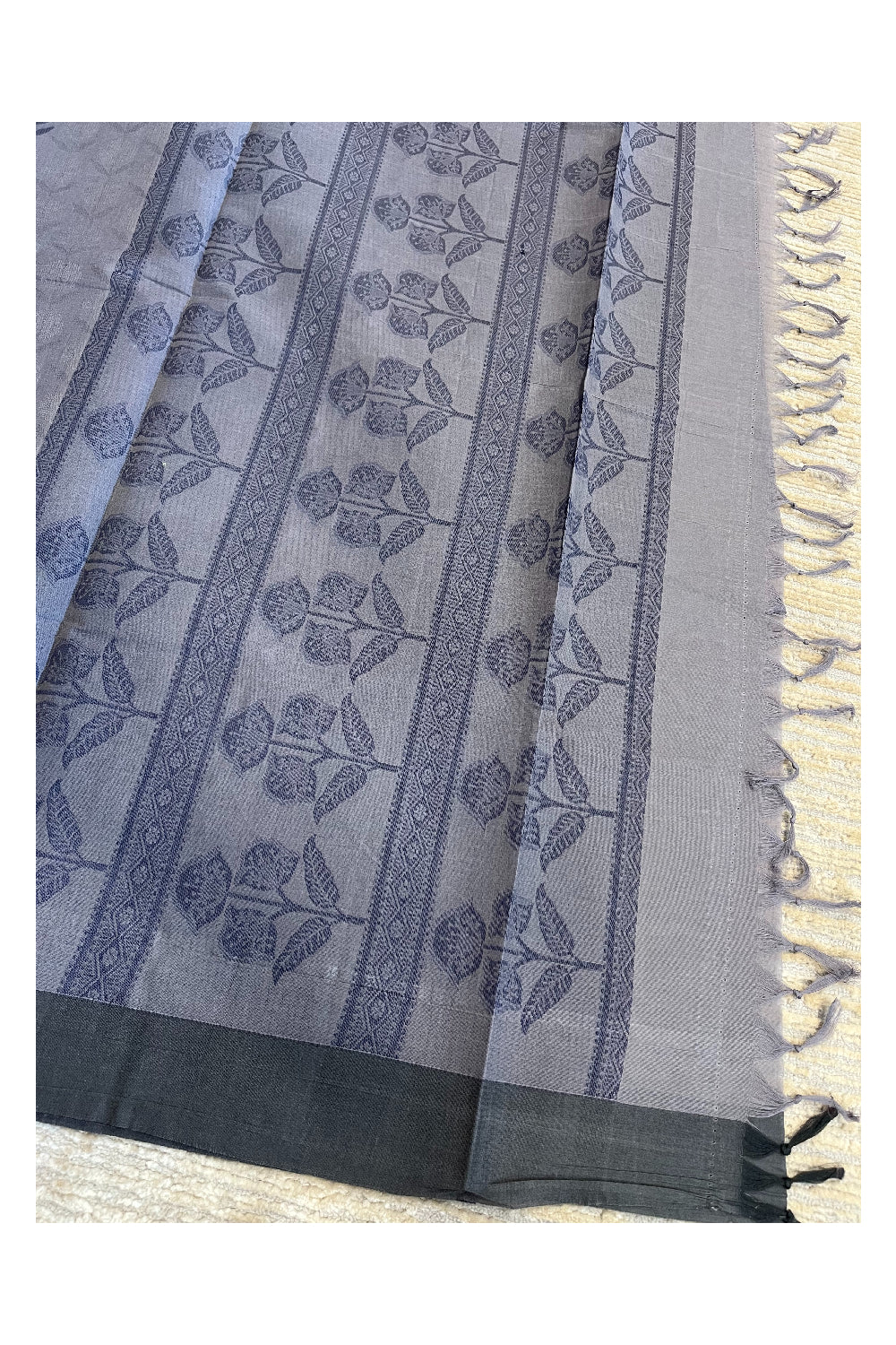 Southloom Kerala Cotton Saree with Floral Woven Works Across Body in Grey