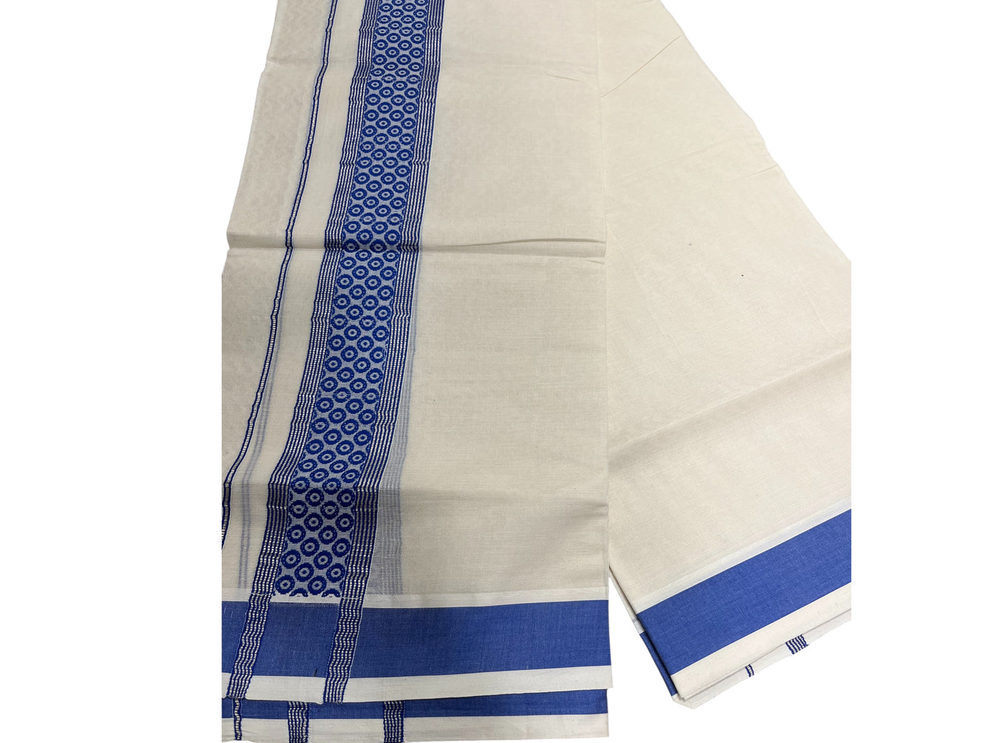 Southloom Pure Cotton Mundu With Silver Lines And Blue Print (South Indian Kerala Dhoti)