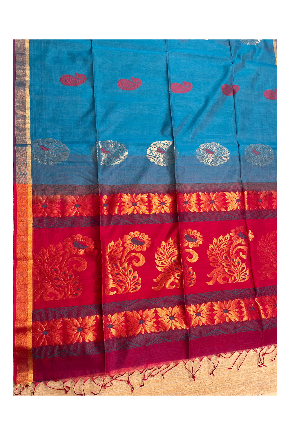 Southloom Pure Handloom Cotton Silk Saree With Handwoven Work Across Body and Blouse in Blue And Pink