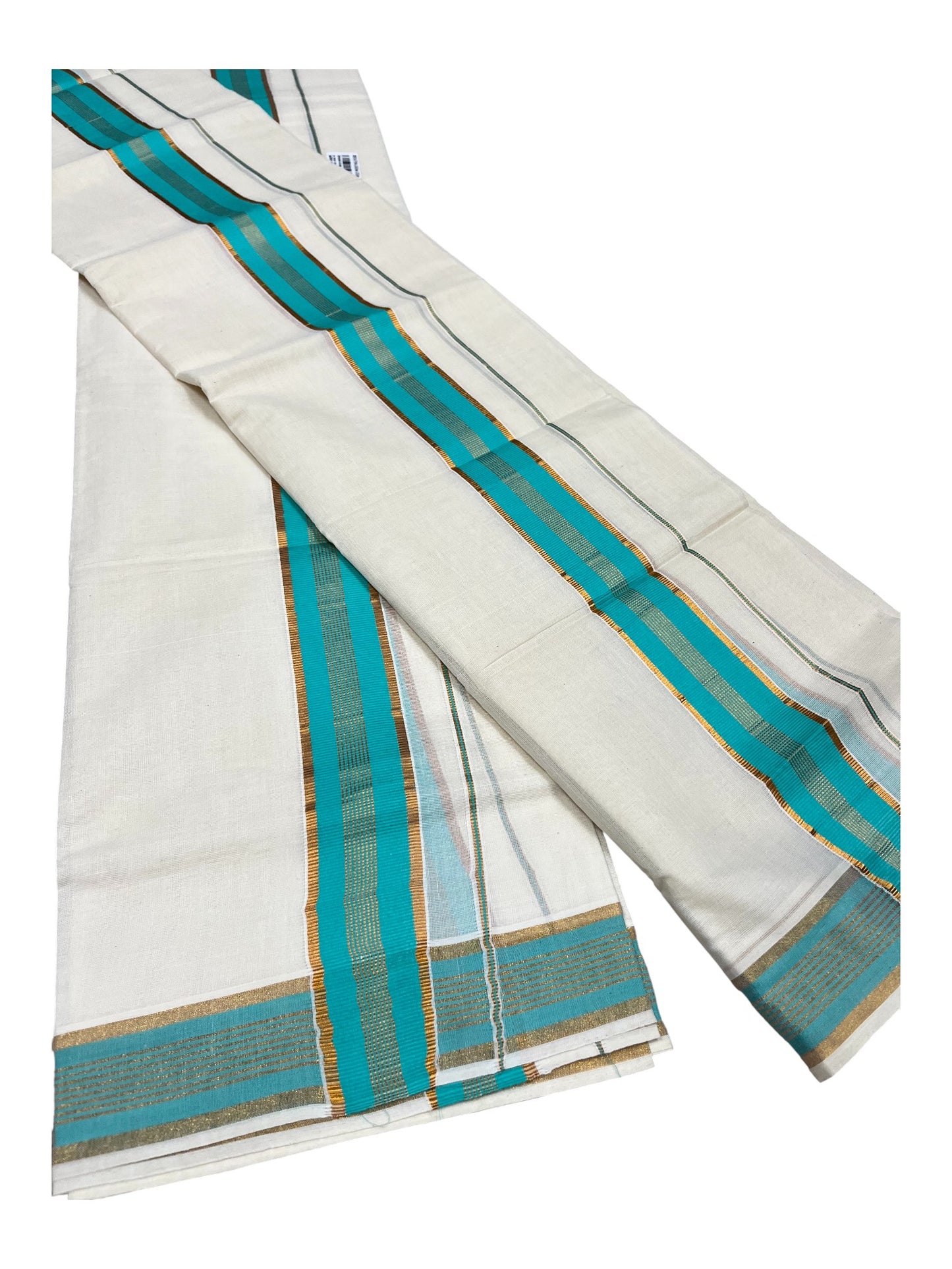 Kerala Cotton Kasavu Single Set Mundu (Mundum Neriyathum) with Turquoise Border in 2.80 Mtrs