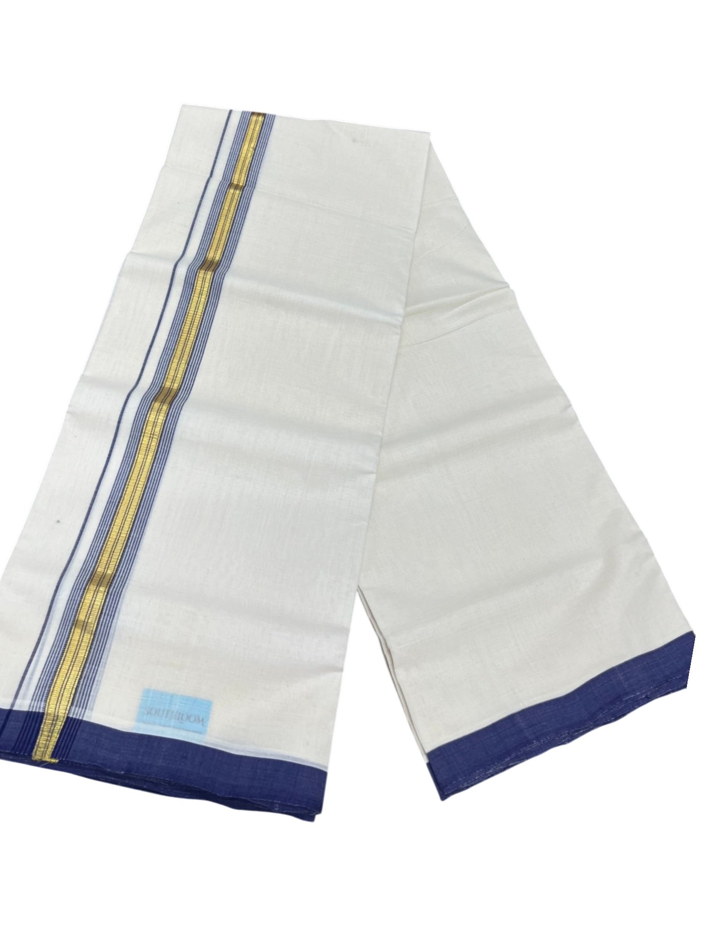 Southloom Balaramapuram Premium Handloom Cotton Double Mundu with Gold Kasavu and Blue Border
