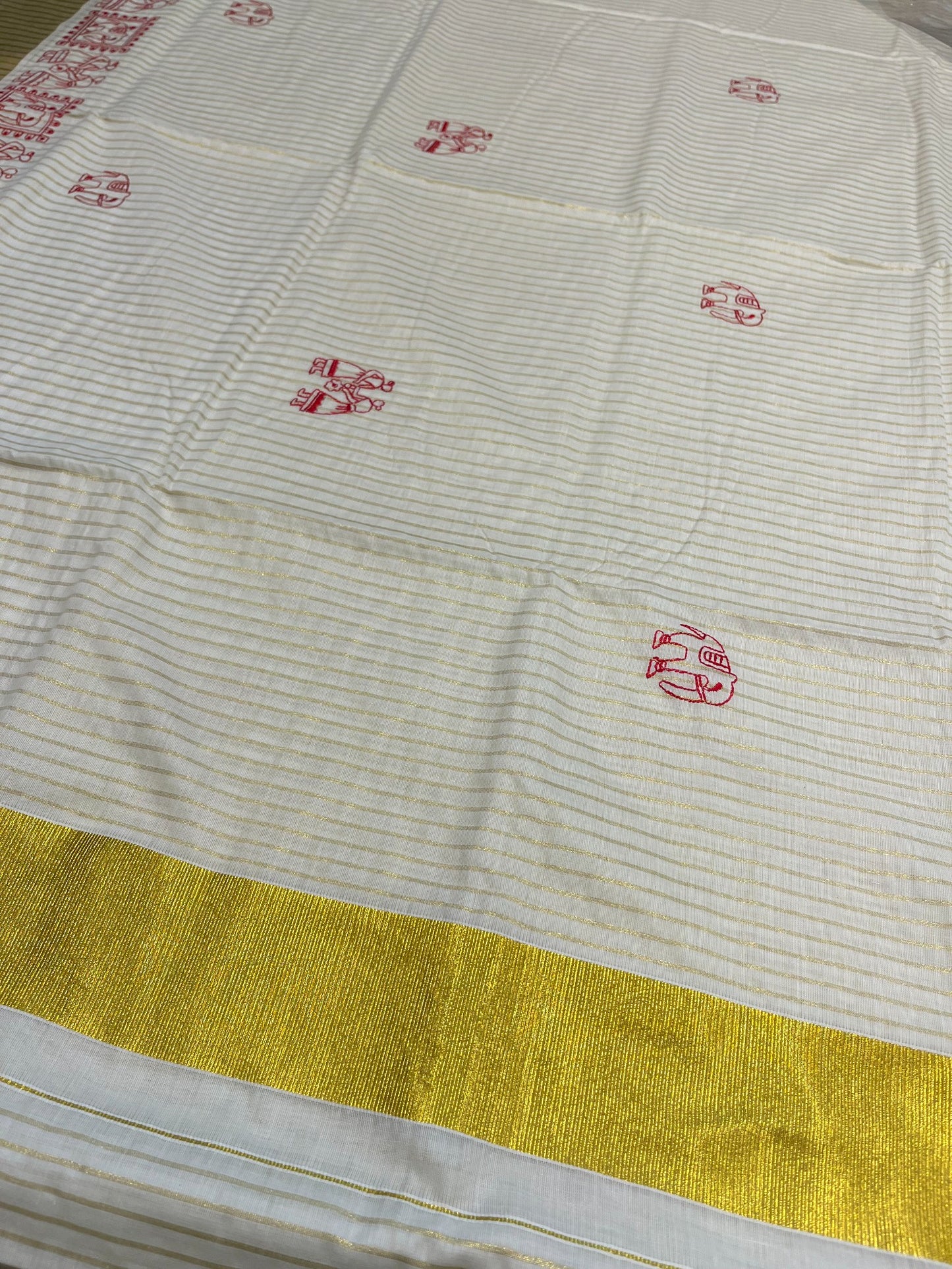 Kerala Cotton Kasavu Saree With Mural Festival Parasol Stripes and Red Elephant Design And Embroidery Work