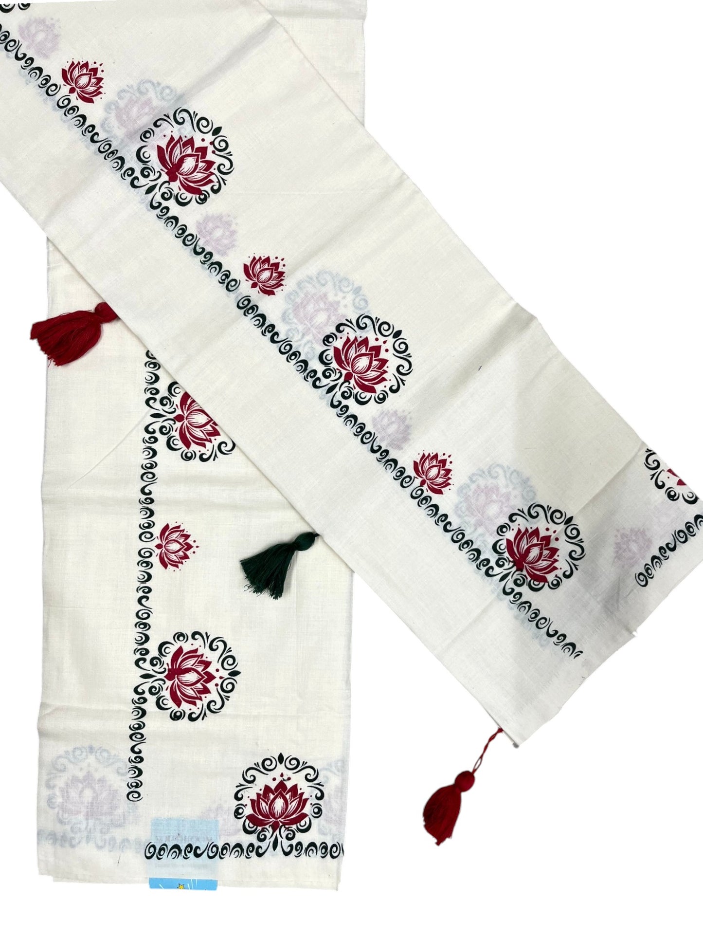 Southloom Kerala Cotton Single Set Mundu (Mundum Neriyathum) with Green &Red Lotus Block Printed Design
