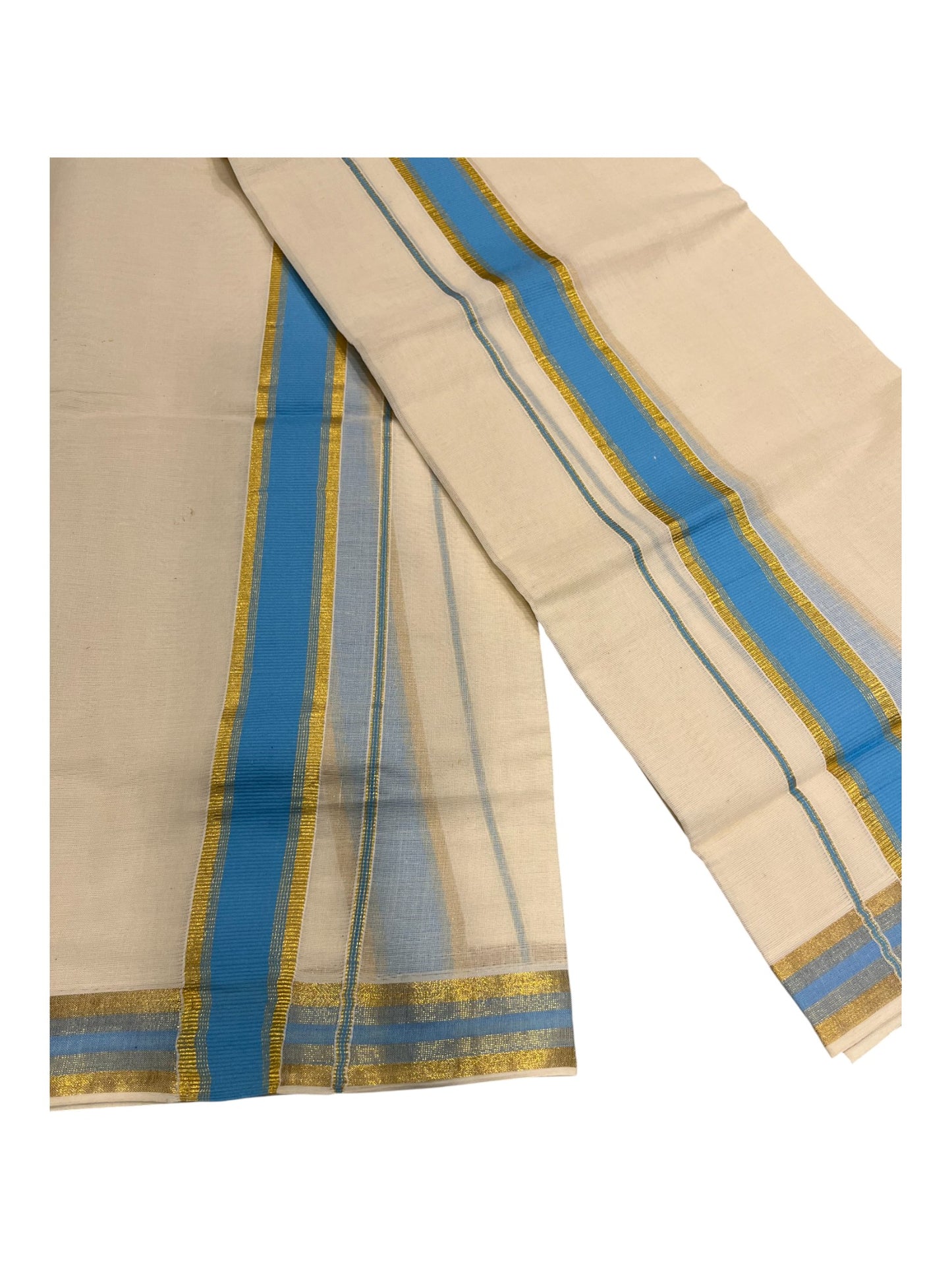 Kerala Cotton Set Mundu (Mundum Neriyathum) with Kasavu and Blue Border