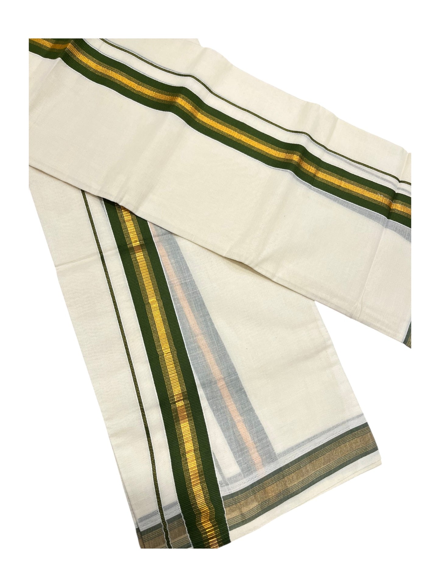 Southloom Kerala Cotton Single Set Mundu (Mundum Neriyathum) with Kasavu and Olive Green Border