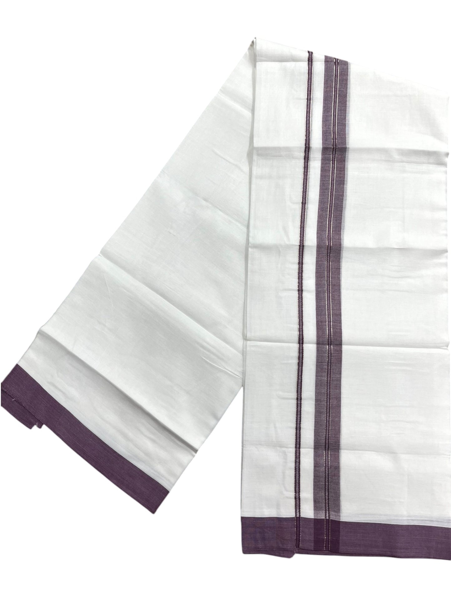 Southloom Pure White Cotton Mundu with Purple & Silver Line Border (South Indian Kerala Dhoti)