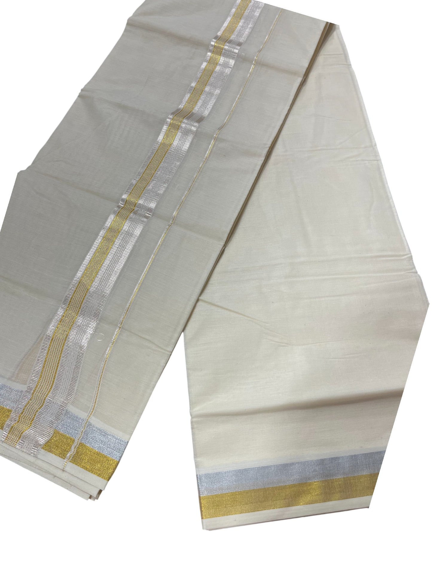 Southloom Kerala Pure Cotton Double Mundu with Silver and Gold Border (South Indian Dhoti)
