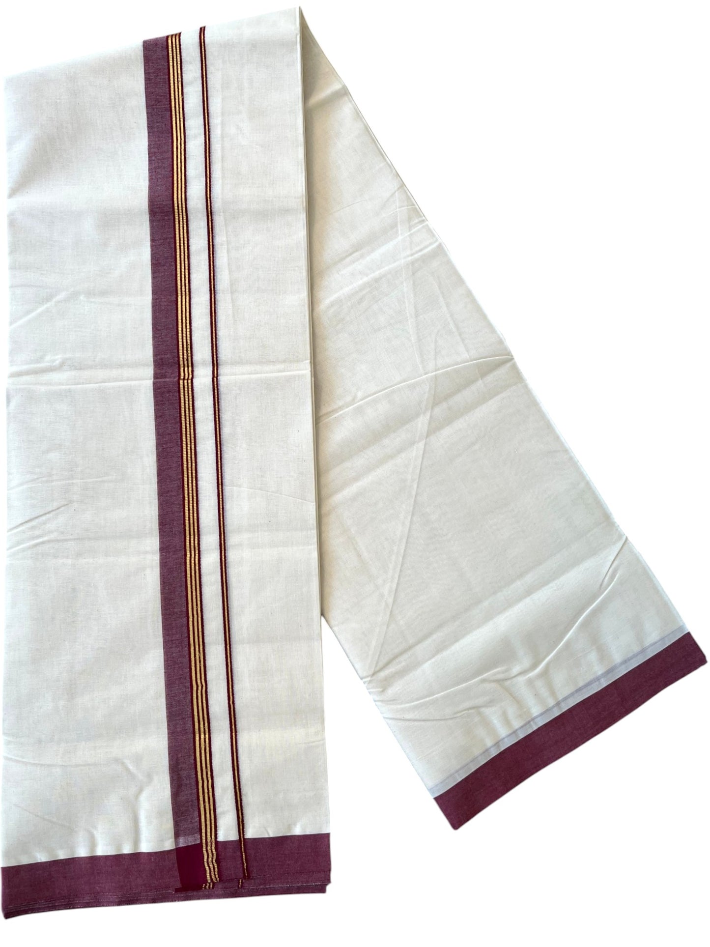 Southloom Pure Cotton Mundu with Golden Lines and Purple Border (South Indian Kerala Dhoti)