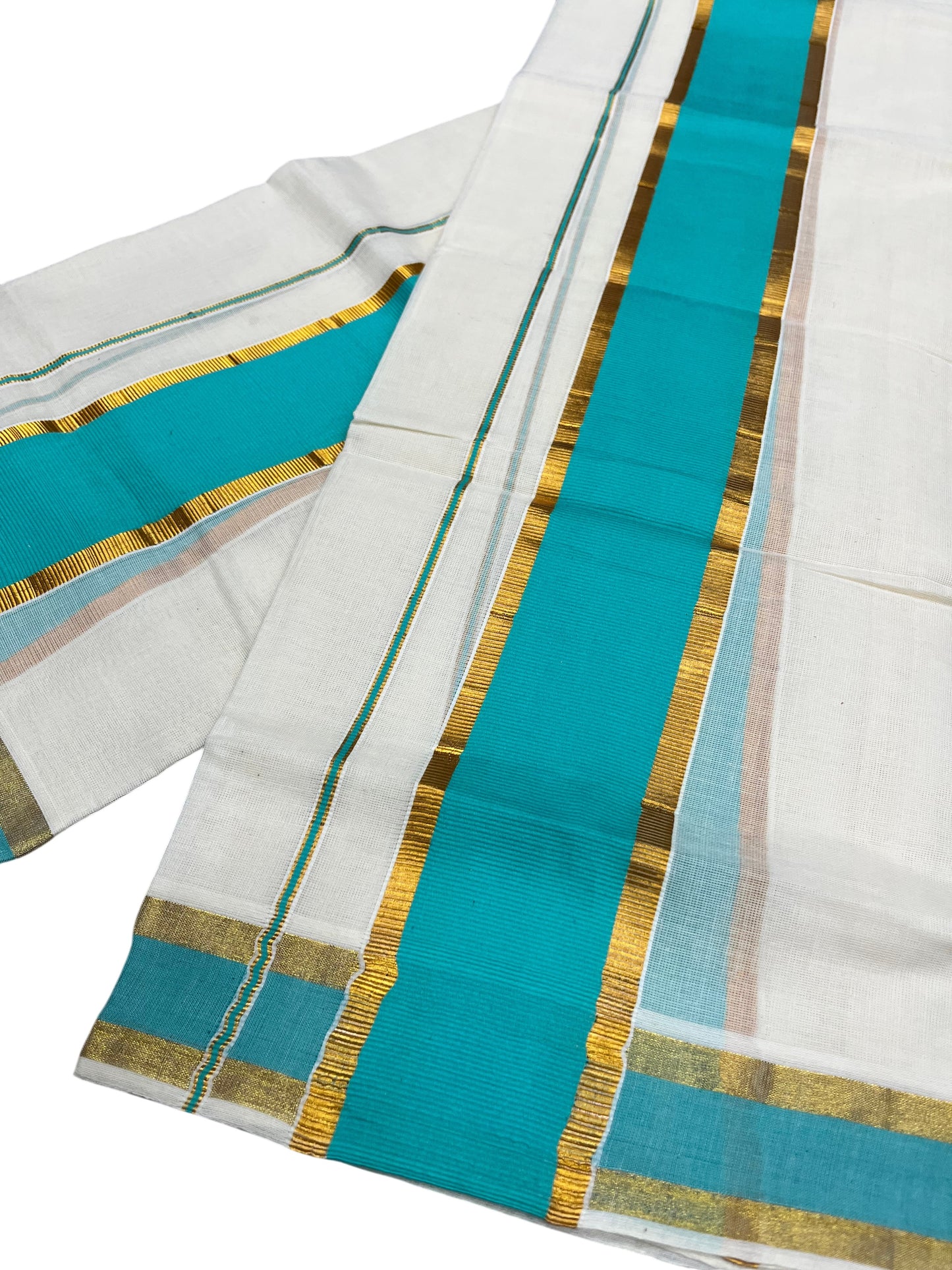 Southloom Kerala Cotton Single Set Mundu (Mundum Neriyathum) with Kasavu and Turquoise Border 2.80Mtrs