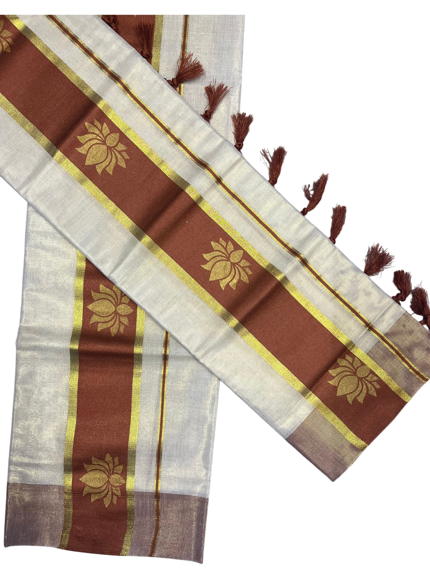 Southloom Kerala Cotton Kasavu Single Set Mundu (Mundum Neriyathum) with Lotus Design in Brown