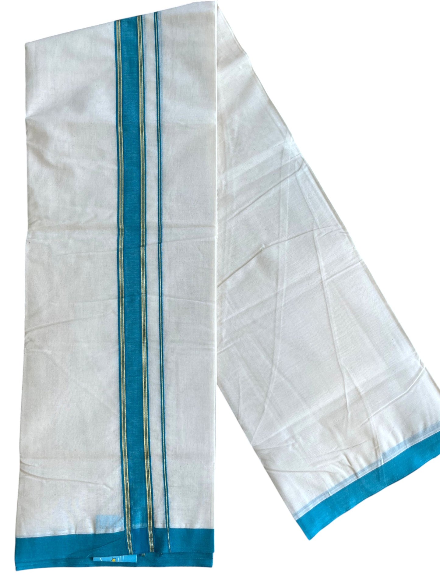Southloom Pure Cotton Mundu with Golden Lines and Blue Border (South Indian Kerala Dhoti)