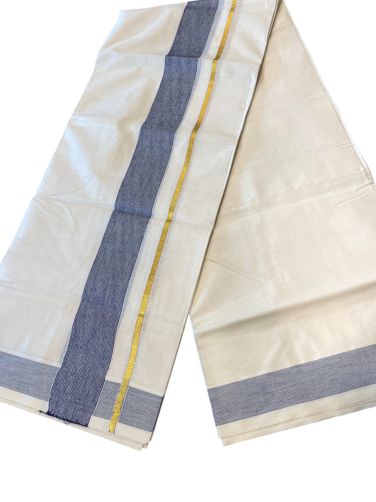 Southloom Kerala Pure Cotton Double Mundu with Gold Lines & Blue Border (South Indian Dhoti)