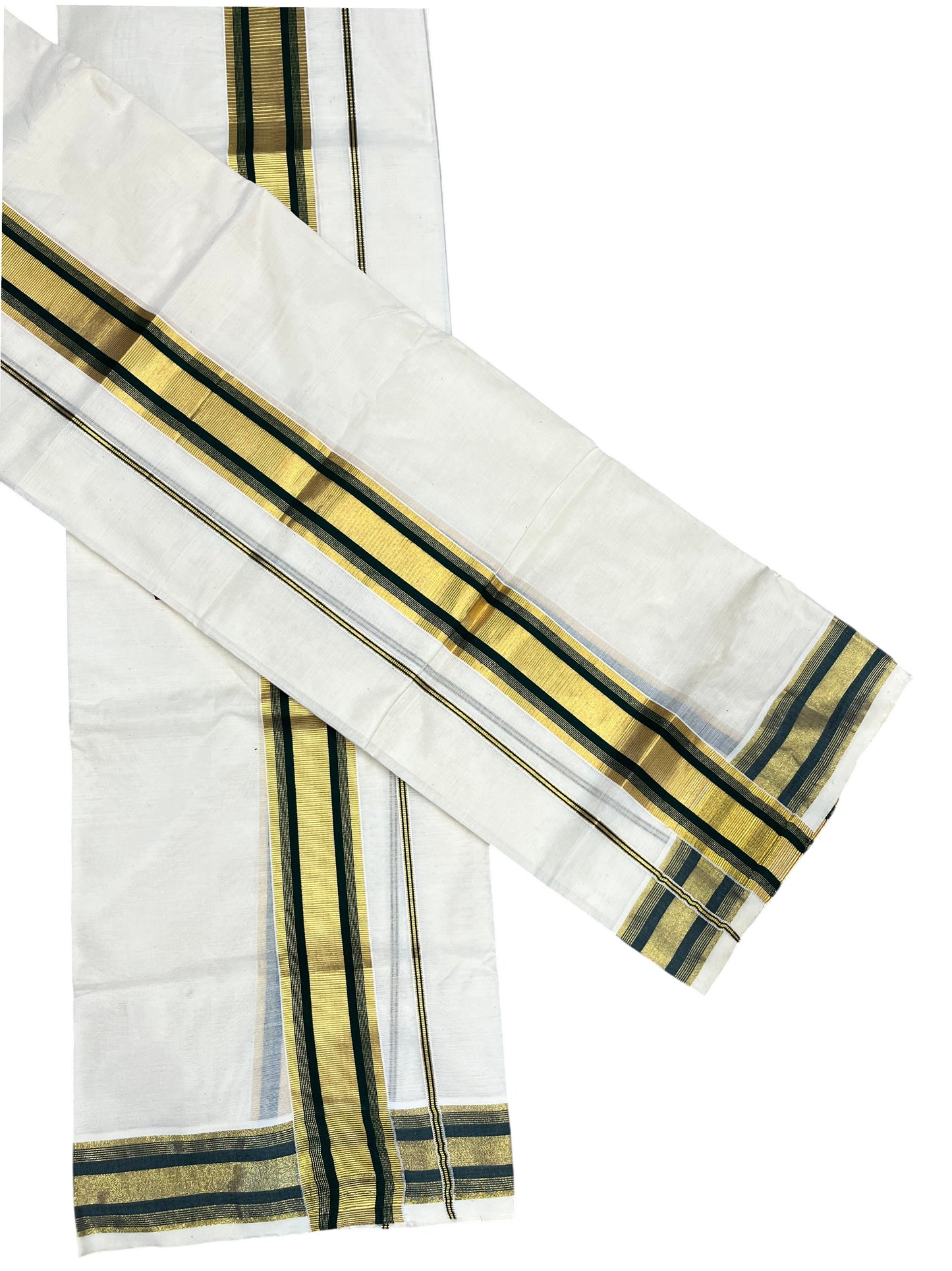 Southloom Pure Cotton Kerala Set Mundu (Mundum Neriyathum) Single with Dark Green and Kasavu Border 2.80 Mtrs SLKK