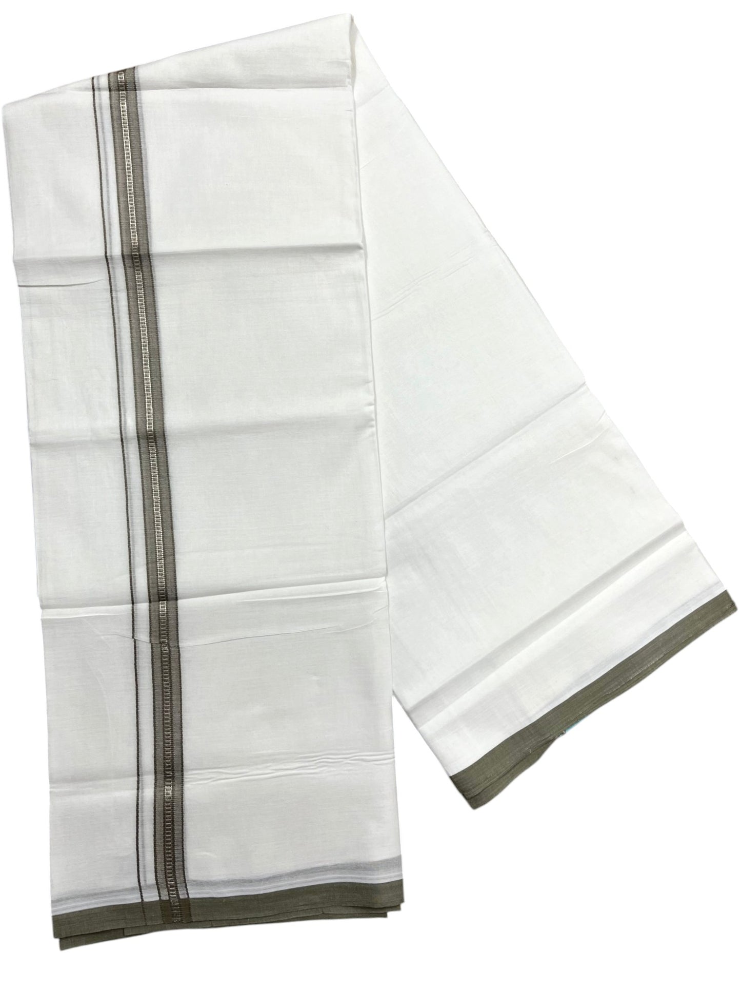 Southloom Pure White Cotton Mundu with Olive Green & Silver Line Border (South Indian Kerala Dhoti)