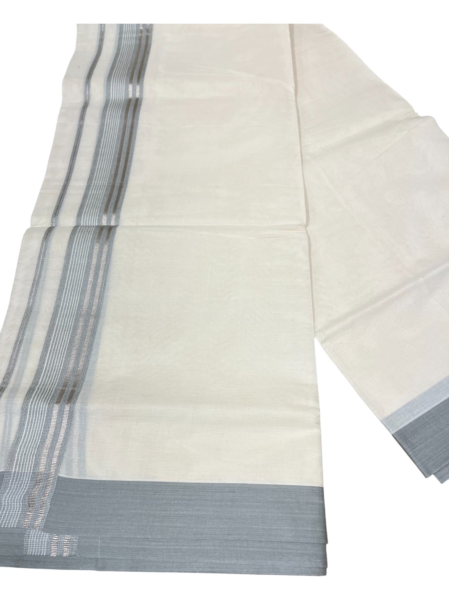 Southloom Kerala Pure Cotton Double Mundu with Grey Colour And Silver Lines Border (South Indian Dhoti)