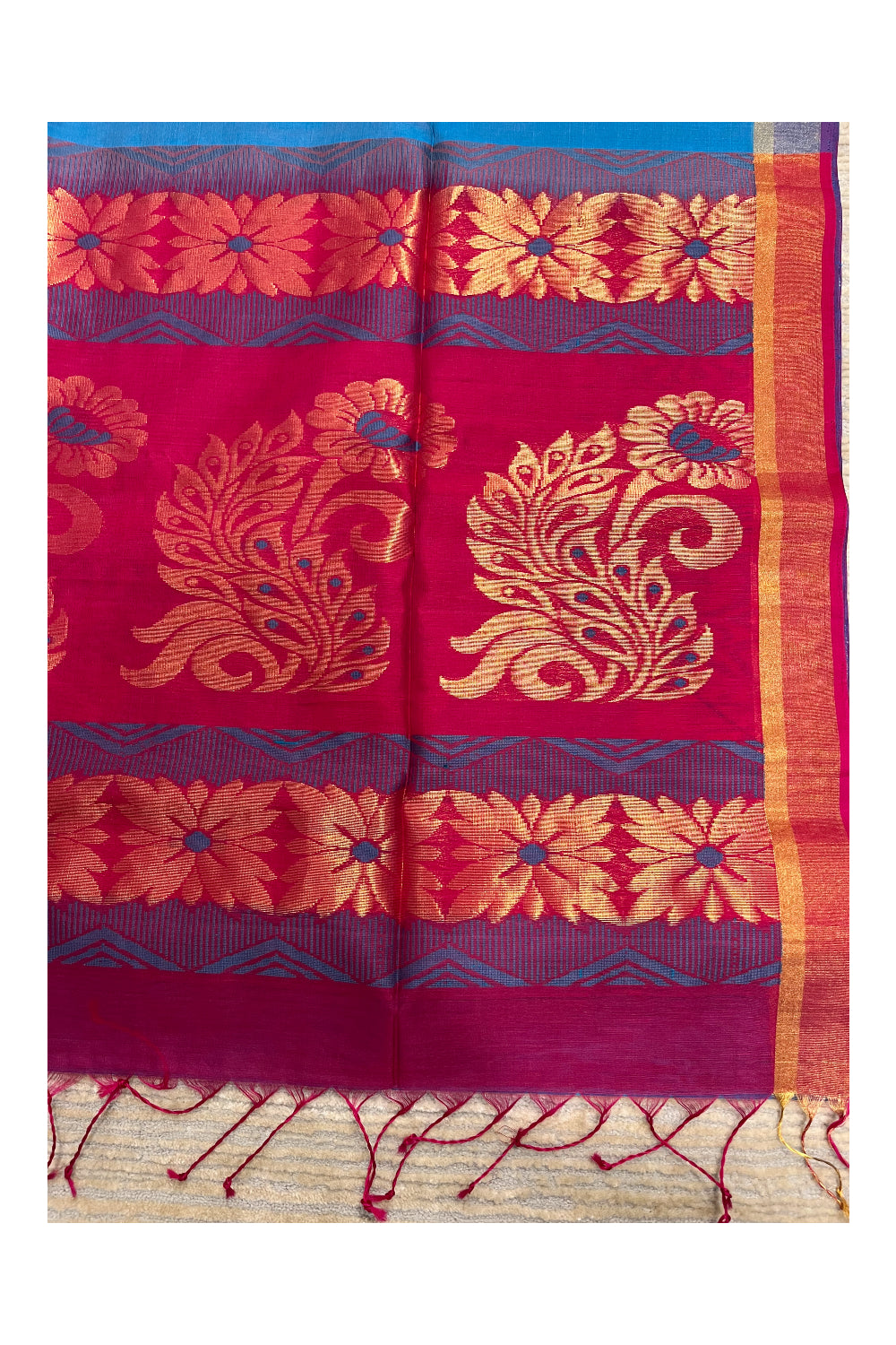 Southloom Pure Handloom Cotton Silk Saree With Handwoven Work Across Body and Blouse in Blue And Pink