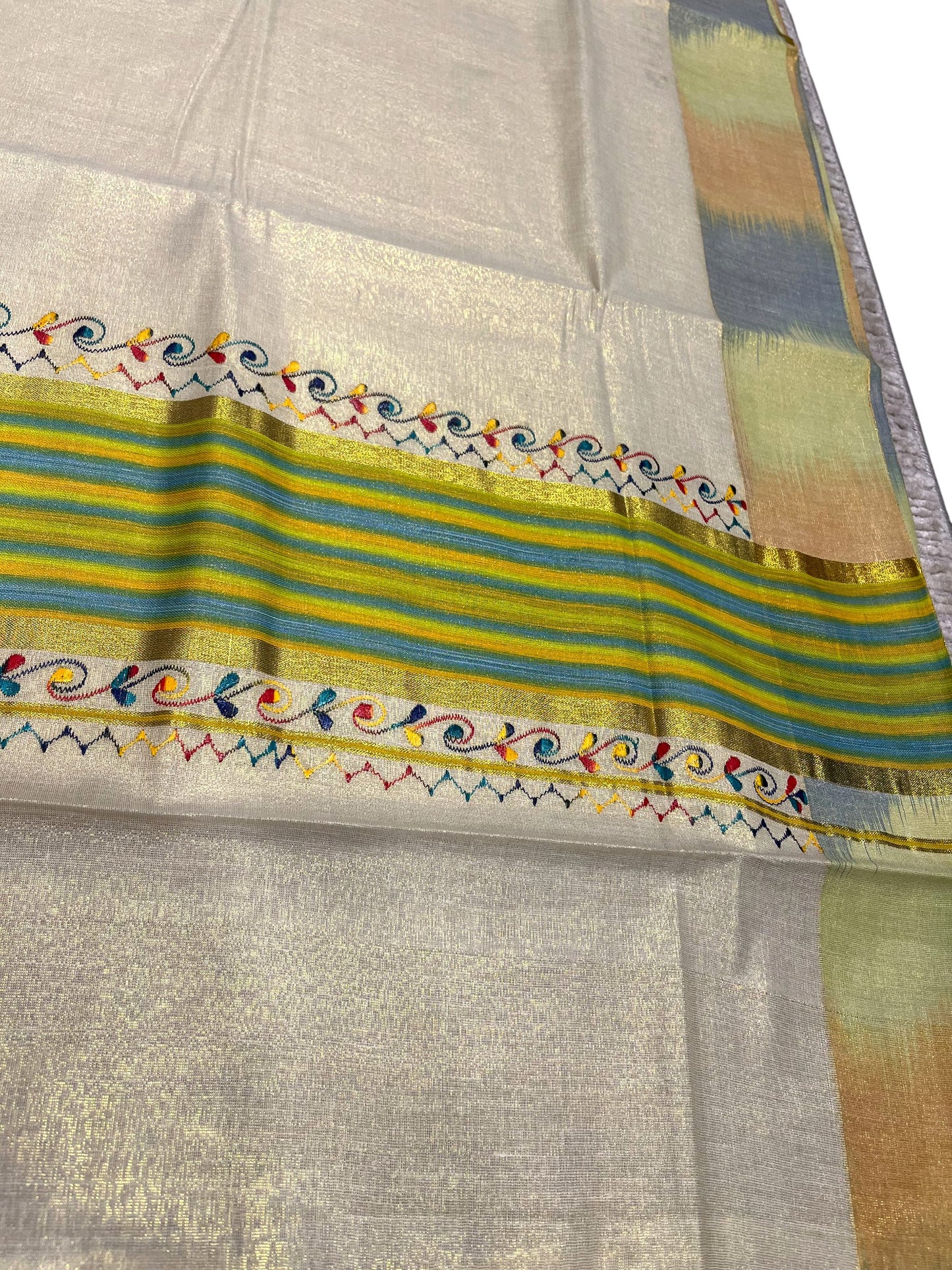 Southloom Kerala Tissue Kasavu Saree with Multi Colour Pochampally Design on Borders and Kara
