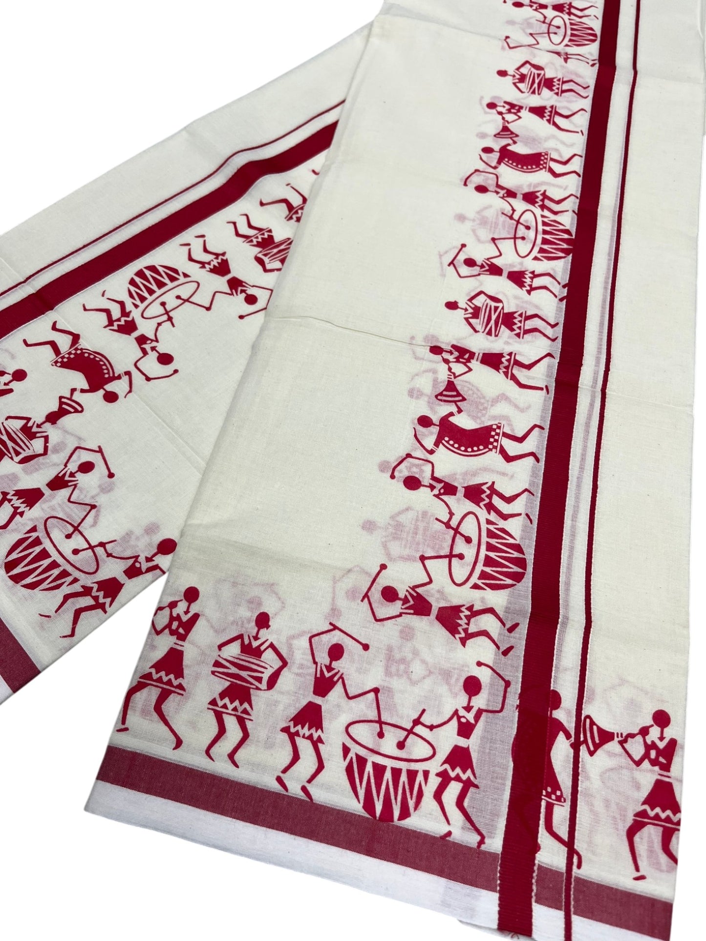 Southloom Pure Cotton Kerala Single Warly Print Set Mundu (Mundum Neriyathum) Red Border in 2.50 mtrs SL246