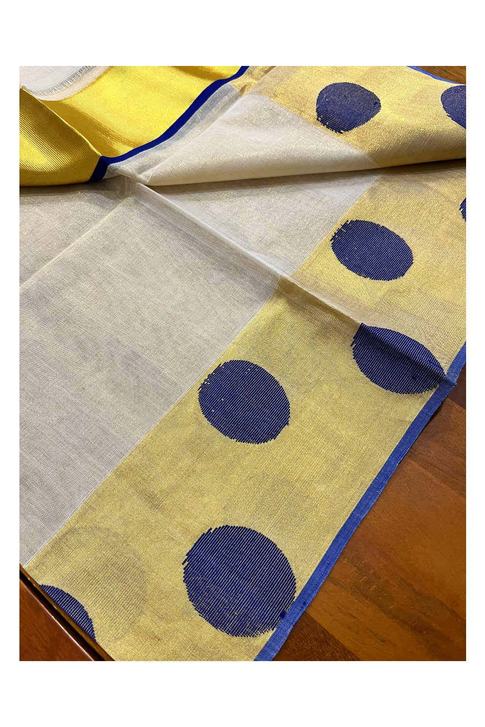 Southloom Handloom Premium Tissue Kasavu Set Mundu With Blue Polka Woven Patterns (Mundum Neriyathum) 2.70 Mtrs