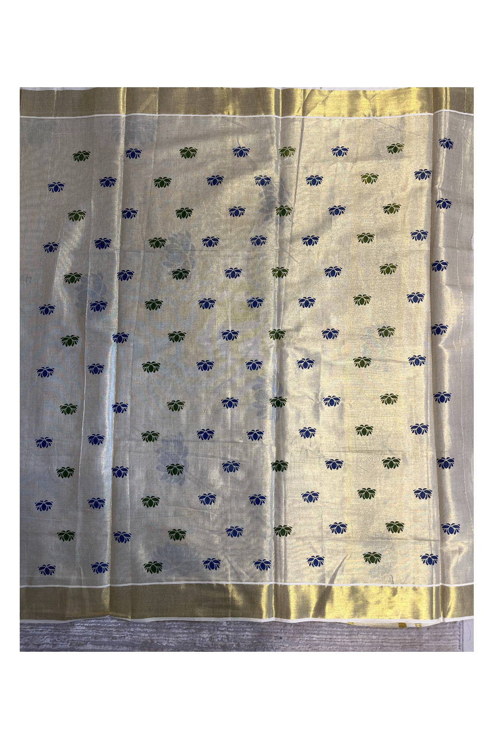 Southloom Kerala Tissue Saree with Green And Blue Lotus Block Prints On Kasavu Border