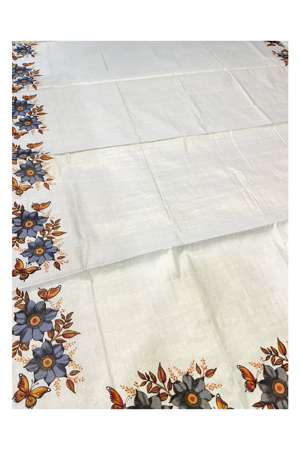 Kerala Tissue Saree with Grey Floral Block Prints On Border