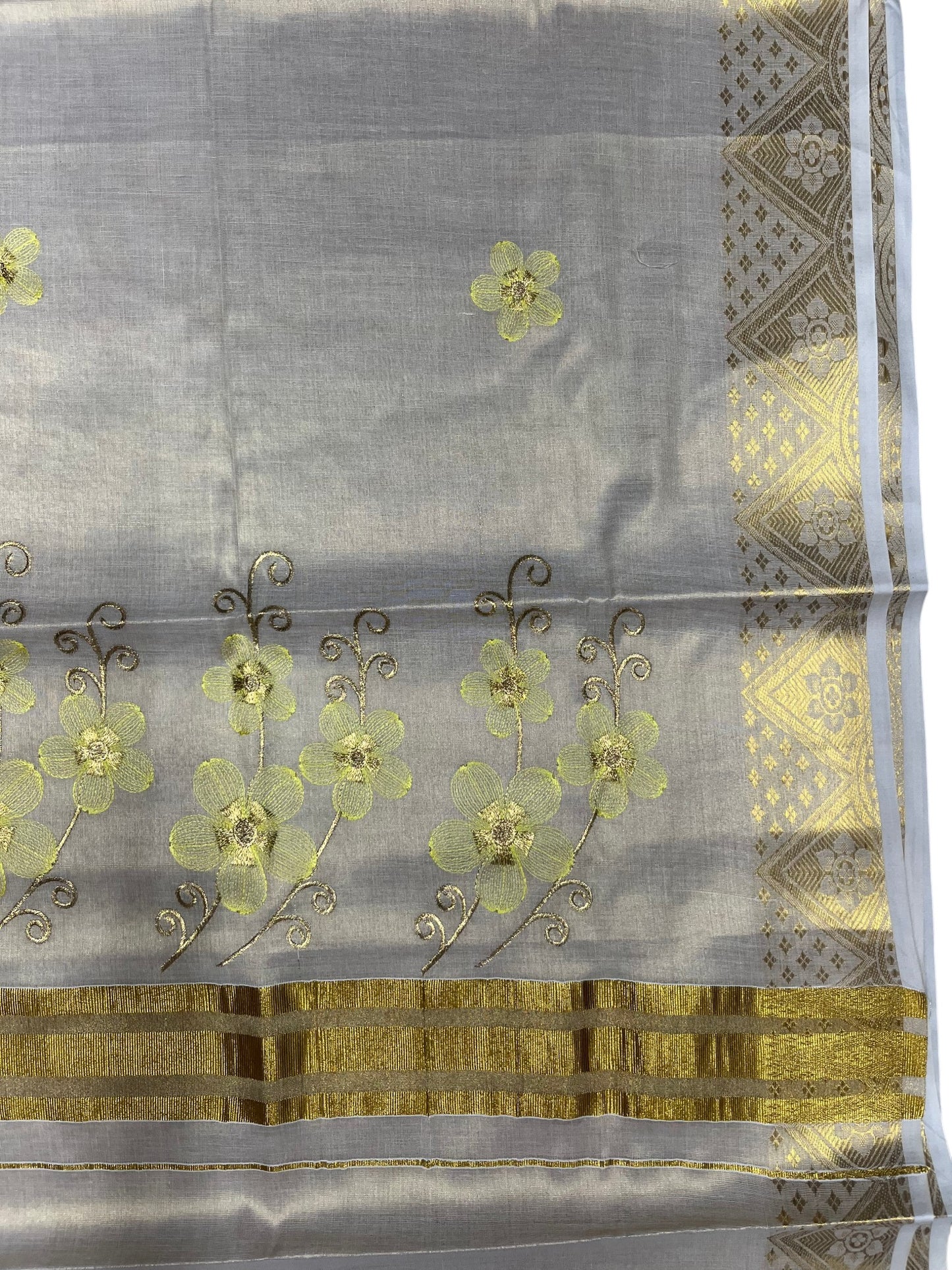 Southloom Kerala Tissue Kasavu Saree with Yellow Floral Embroidery Work on Body