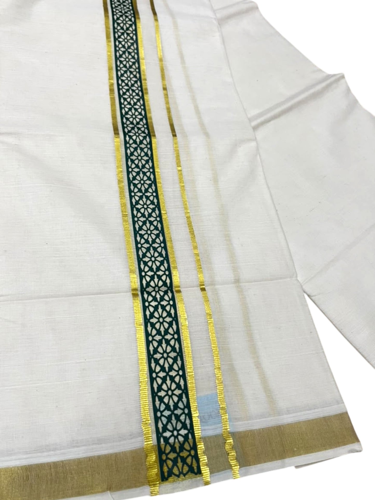 Southloom Pure Cotton Double Mundu with Green Block Printed And Ksavu Border (South Indian Kerala Dhoti)