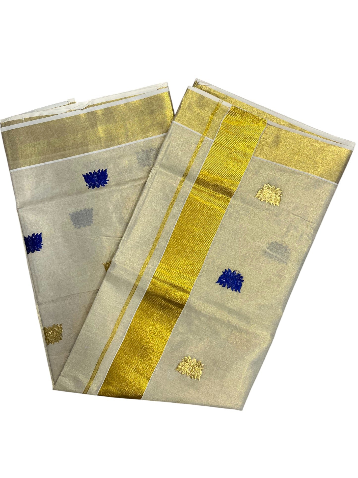 Southloom Kerala Tissue Kasavu Plain Saree with Blue Lotus Embroidery Works SL289