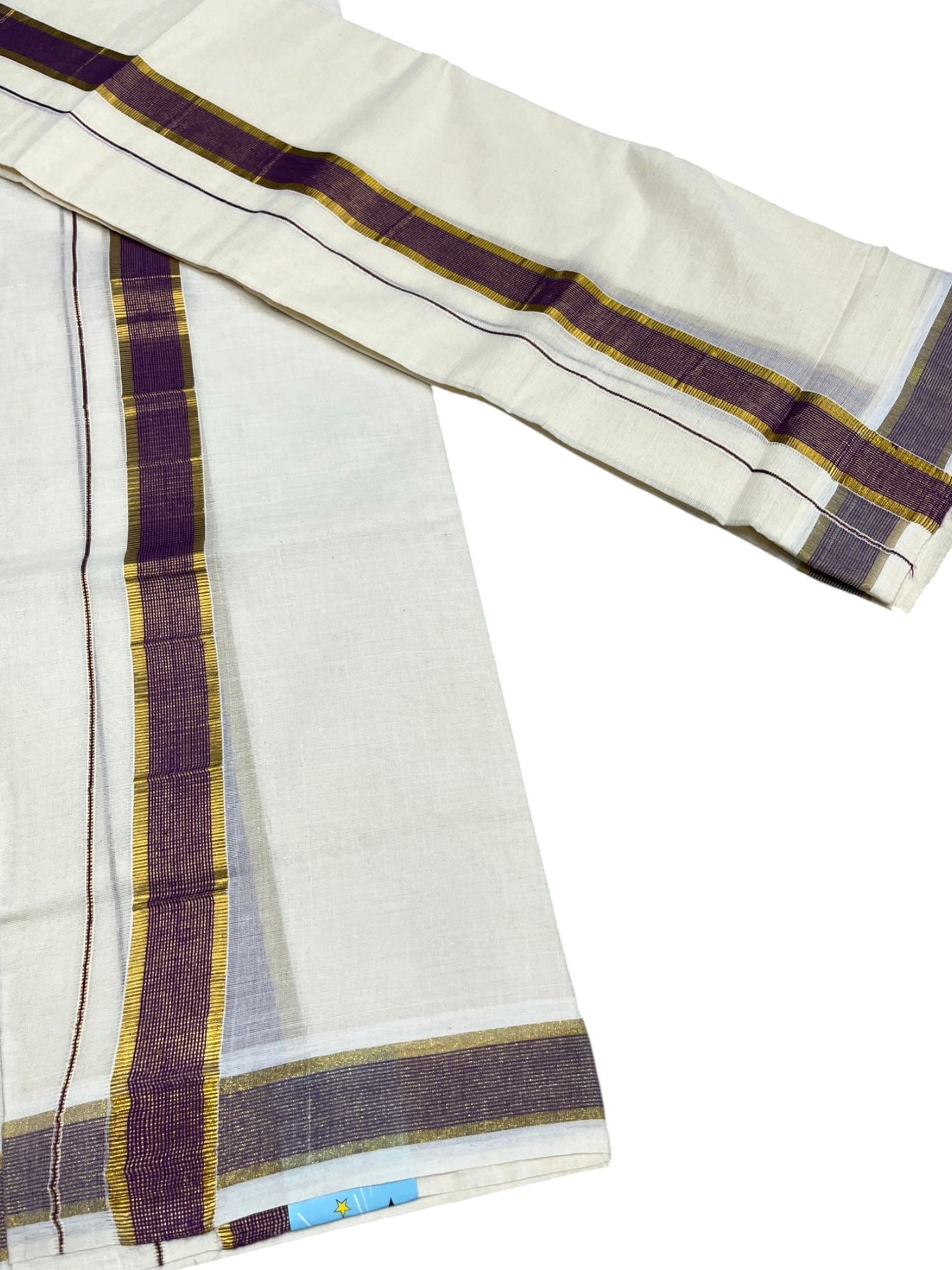 Southloom Pure Cotton Kerala Kasavu Set Mundu (Mundum Neriyathum) Kasavu & Purple Border in 2.80 Mtrs SLKK SL470