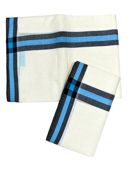 Southloom Pure Cotton Kerala Single Set Mundu (Mundum Neriyathum) Black & Blue Border