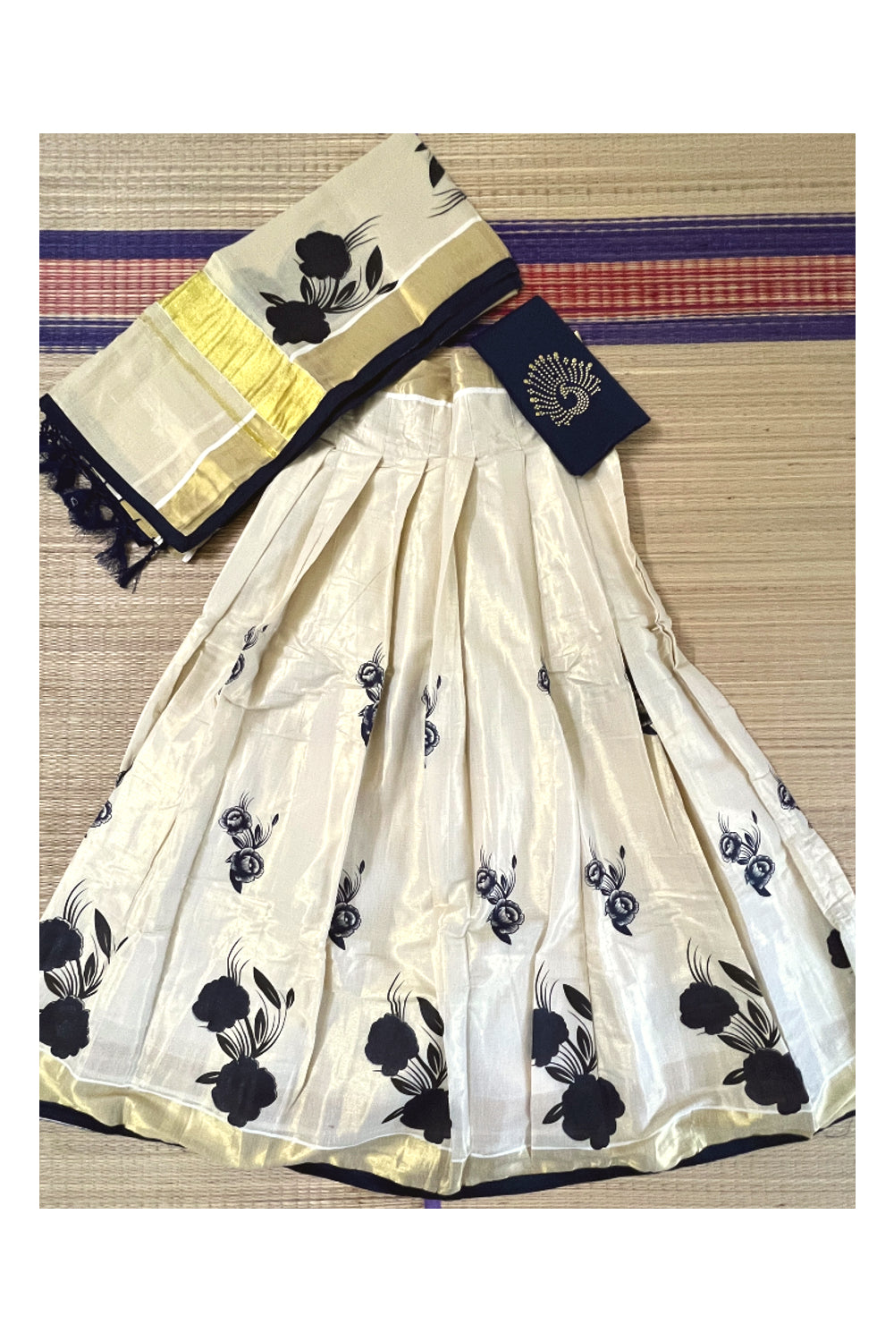 Semi Stitched Dhavani Set with Tissue Block Print Design Pavada ...