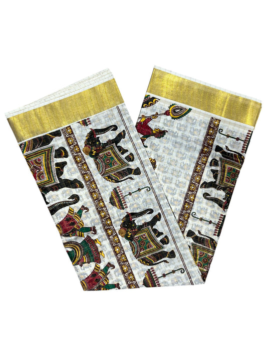 Southloom Kerala Cotton Kasavu Check Saree With Mural Festival Parasol and Elephant Design