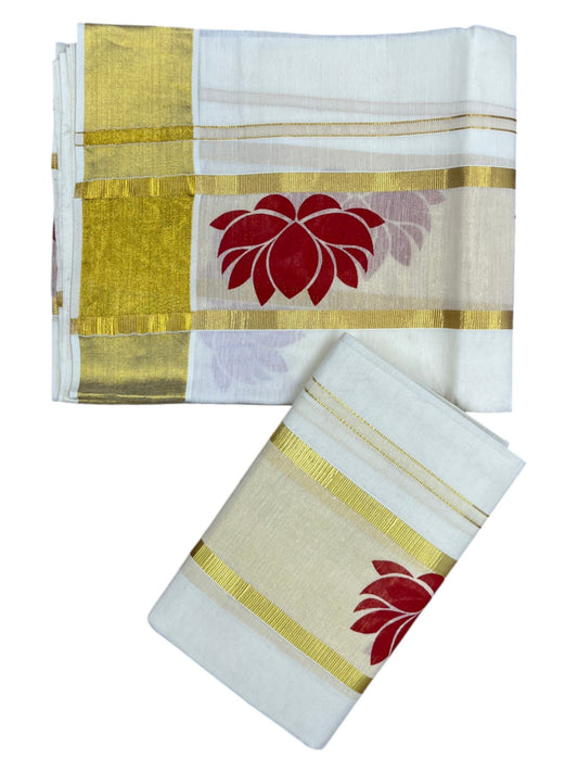Kerala Cotton Single Set Mundu (Mundum Neriyathum) with Red And Red Lotus Block Prints On Kasavu Border 2.80 Mtrs