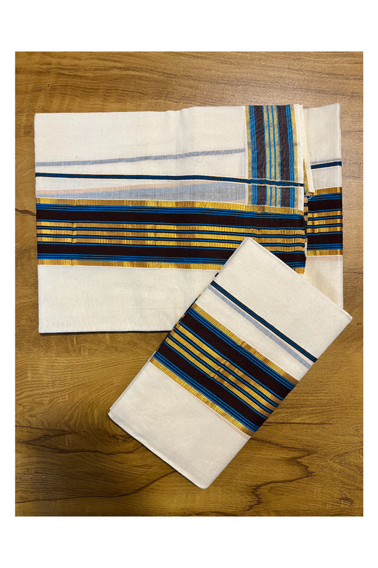 Southloom Kerala Cotton Kasavu Set Mundu (Mundum Neriyathum) with Blue and Brown Border SLKK
