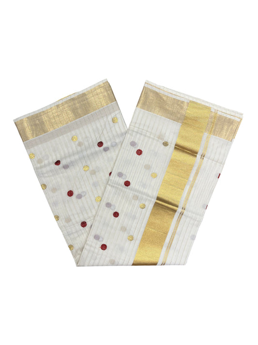Southloom Kerala Pure Cotton Saree with Gold & Maroon Polka Embroidery Works on Body SL281