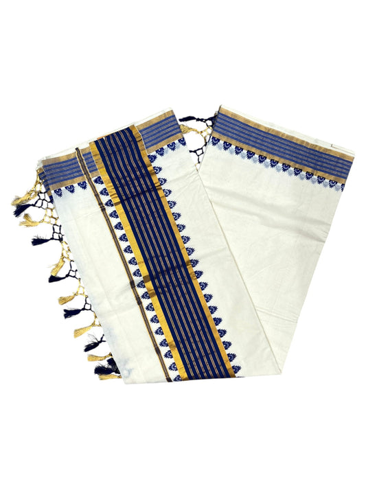 Southloom Cotton Kerala Kasavu Saree with Temple Design Border in Blue