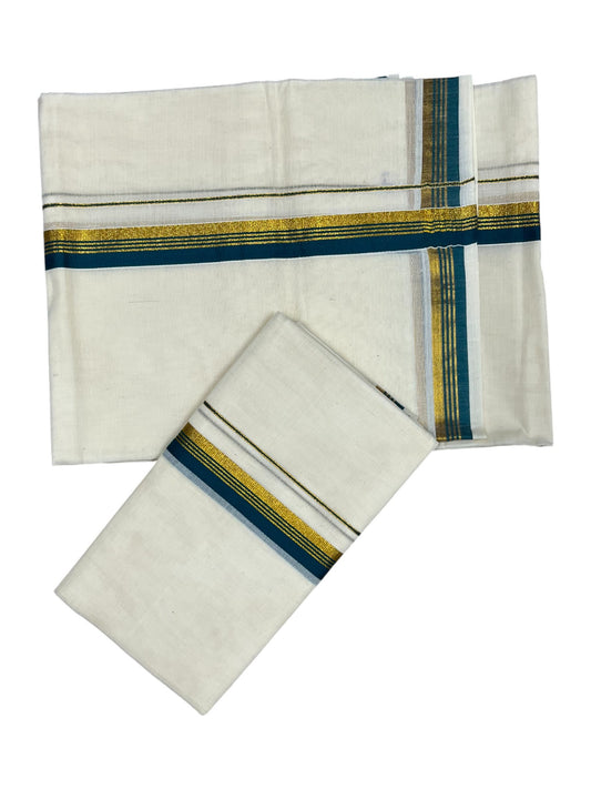 Pure Cotton Kerala Single Set Mundu (Mundum Neriyathum) with Peacock Green Kasavu Border in 2.80 Mtrs