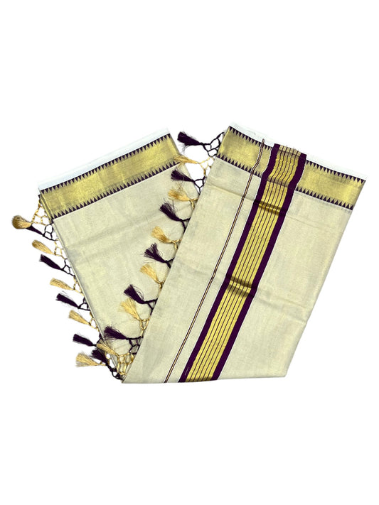 Southloom Kerala Tissue Kasavu Saree With Purple Temple Woven Works on Border SL365