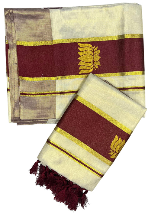 Southloom Kerala Cotton Kasavu Single Set Mundu (Mundum Neriyathum) with Lotus Design in Maroon SL546
