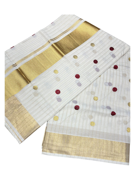 Southloom Kerala Pure Cotton Saree with Gold&Maroon Polka Embroidery Works on Body