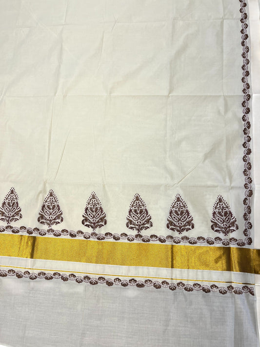 Southloom Cotton Kerala Kasavu Saree with Brown and Maroon Block Prints On Border