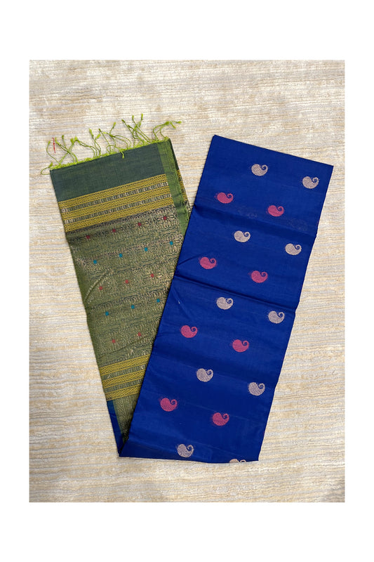 Southloom Pure Handloom Cotton Silk Saree With Handwoven Work Across Body and Blouse in Blue And Green