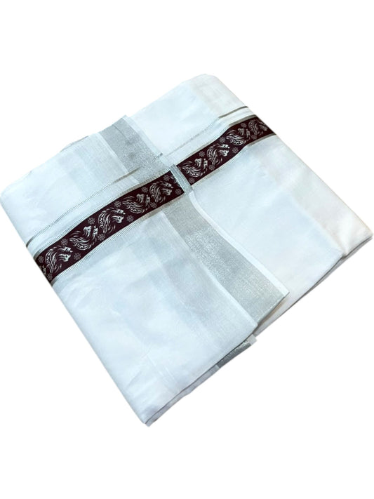Southloom Pure White Cotton Mundu with Brown and Silver Kasavu Border (South Indian Kerala Dhoti)